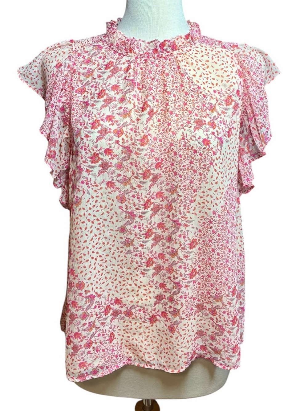 Maison D' Amelie Paris Pink Floral Print Ruffle Sleeve Blouse Women's US Medium